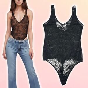 WILFRED Aritzia Floral Lace Sheer Thong Bodysuit Sz Small Black